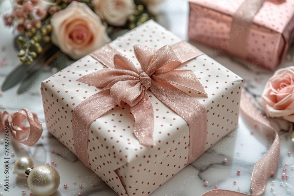 High-quality image displaying a present wrapped in pastel paper with a stylish, luxurious bow on top