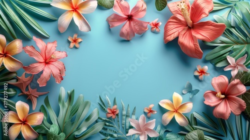 Summer Holiday Background. Flat lay, top view 3d beach clay style, copy space for your text.