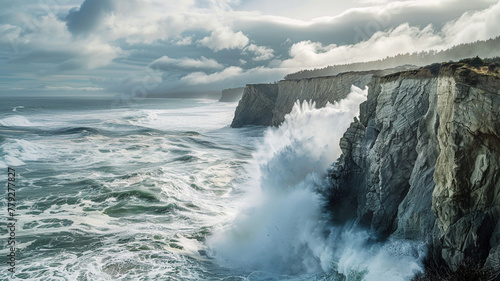 A breathtaking coastal cliffside view with crashing ocean waves.
