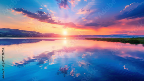 A tranquil lake reflecting the vibrant colors of a picturesque sunset sky.