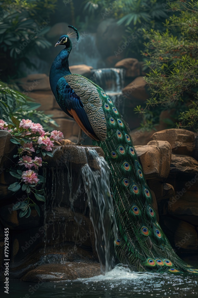 Obraz premium Vibrant peacock, a stunning display of nature's beauty, showcasing the colorful plumage and elegant presence of this majestic, a symbol of grace and elegance.