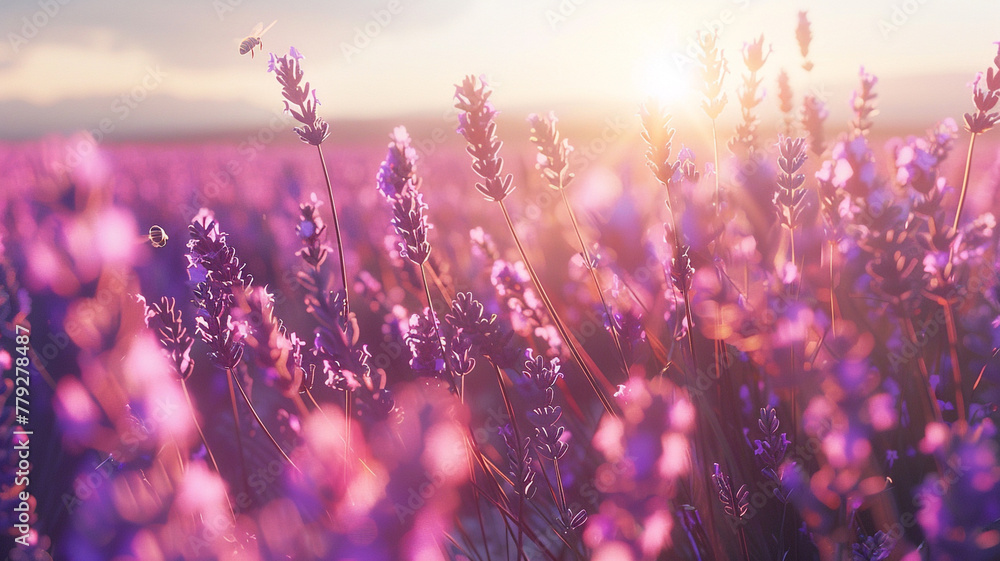 A sunlit field of lavender stretching to the horizon, with bees buzzing among the fragrant blooms. - obrazy, fototapety, plakaty 
