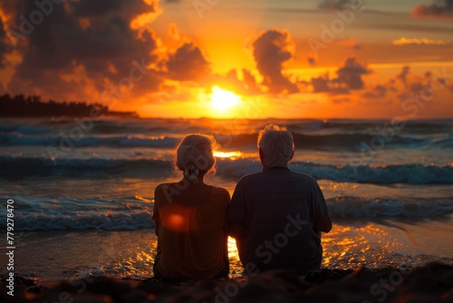 A serene scene with an elderly couple sitting by the shoreline, enjoying a vibrant sunset with waves crashing nearby