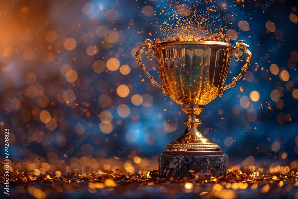 A majestic golden trophy cup shines in the spotlight against a sparkling confetti background, symbolizing victory and success A majestic golden trophy cup shines in the spotlight against a sparkling confetti background, symbolizing victory and success