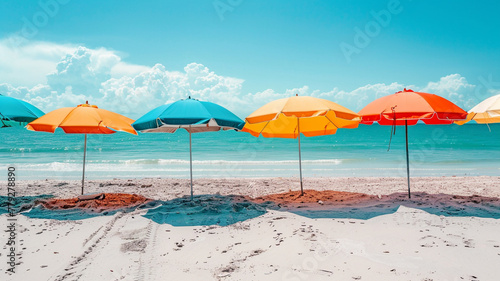 Colorful beach umbrellas lining the sandy shore of a tropical beach.