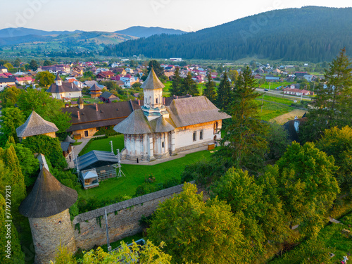 Sunset at the Moldovita monastery in Romania photo
