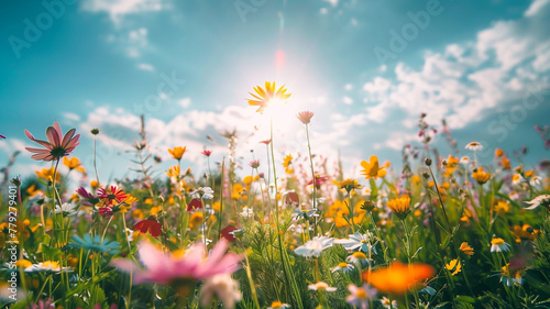 A vibrant field of wildflowers under a bright and cloudless summer sky.