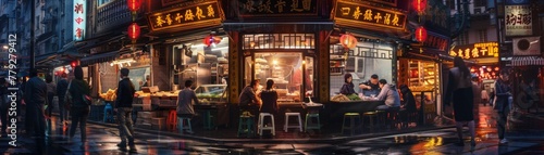 Panoramic street food scene with jiaozi baozi