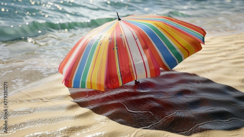 Beach umbrella 3d handmade style casting a striped shadow, colorful © saichon