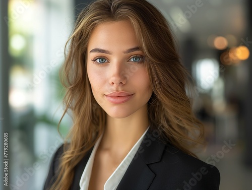 A woman with long brown hair and blue eyes is wearing a black suit and white shirt. She is smiling and looking directly at the camera