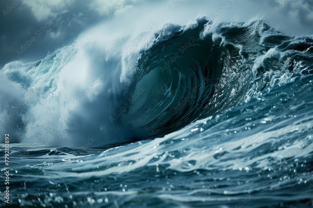 Storm at sea of a gigantic wave full of ocean fury and blue danger with copy space wallpaper Storm at sea of a gigantic wave full of ocean fury and blue danger with copy space wallpaper