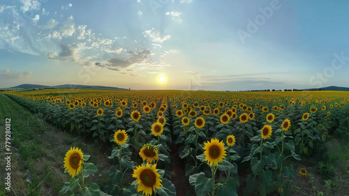 A stunning panoramic view of a sunflower field stretching to the horizon.