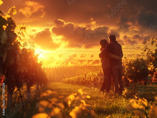 A couple is standing in a field of yellow flowers, with the sun setting in the background. Scene is romantic and peaceful