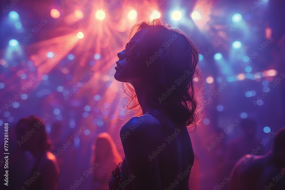 A silhouette of a woman with flowing hair lost in music amidst a dynamic, colorful nightclub light show A silhouette of a woman with flowing hair lost in music amidst a dynamic, colorful nightclub light show