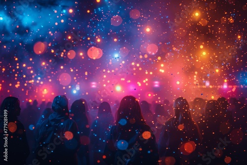 A crowd immersed in an explosion of colorful lights creating a dreamlike spectacle at an event
