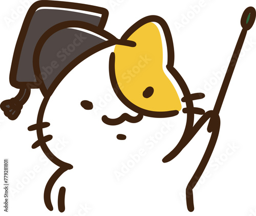 得意げに指差し棒を持つかわいい教授ねこの上半身デフォルメイラスト