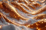 Golden sparkles create a wave-like pattern over a smooth surface, suggesting movement and fluidity illuminated by light