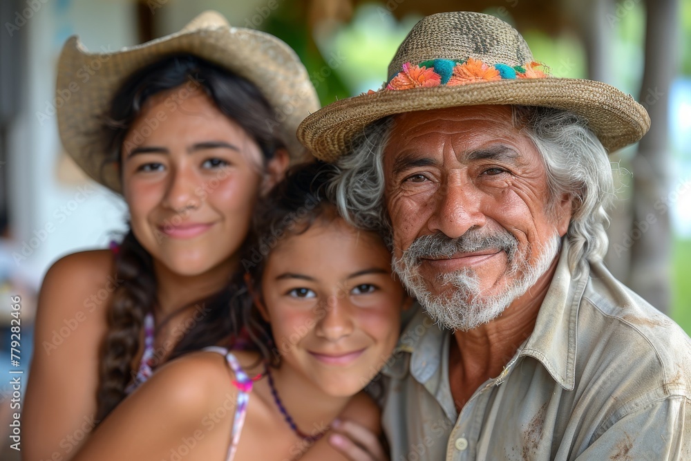Warm family portrait of a senior man with a white mustache and his granddaughter wearing summer hats