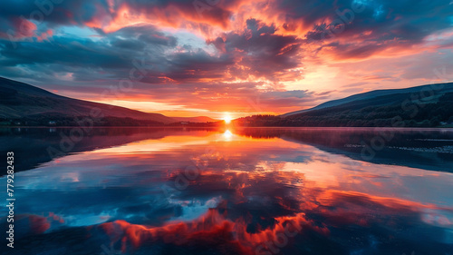 A mesmerizing sunset reflecting on the glassy surface of a calm lake.