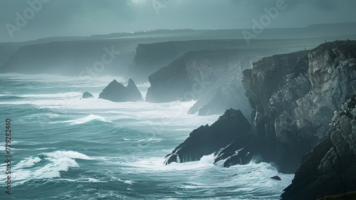 A breathtaking coastal view with waves crashing against rugged cliffs.