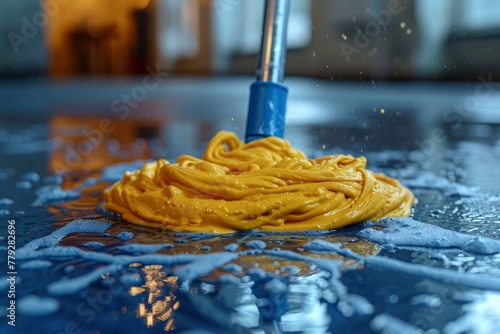 A 60 character-focused image showcasing a mop spreading vibrant yellow cleaning gel on a reflective blue floor for a deep clean