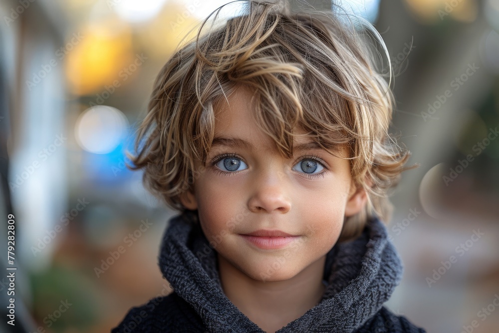 Portrait of a young boy with deep blue eyes and tousled hair, showcasing a look of curiosity Portrait of a young boy with deep blue eyes and tousled hair, showcasing a look of curiosity
