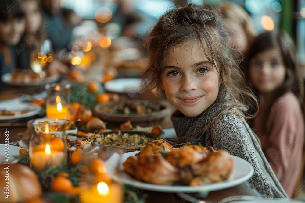 A young girl is smiling at the camera during a family meal with candles and festive dishes