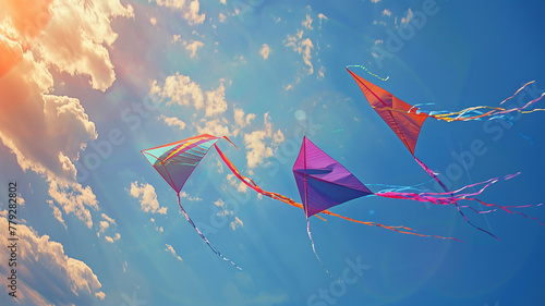 Colorful kites soaring high in the summer sky, their tails trailing behind them in the breeze. photo