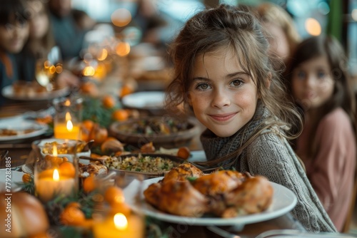 A young girl is smiling at the camera during a family meal with candles and festive dishes