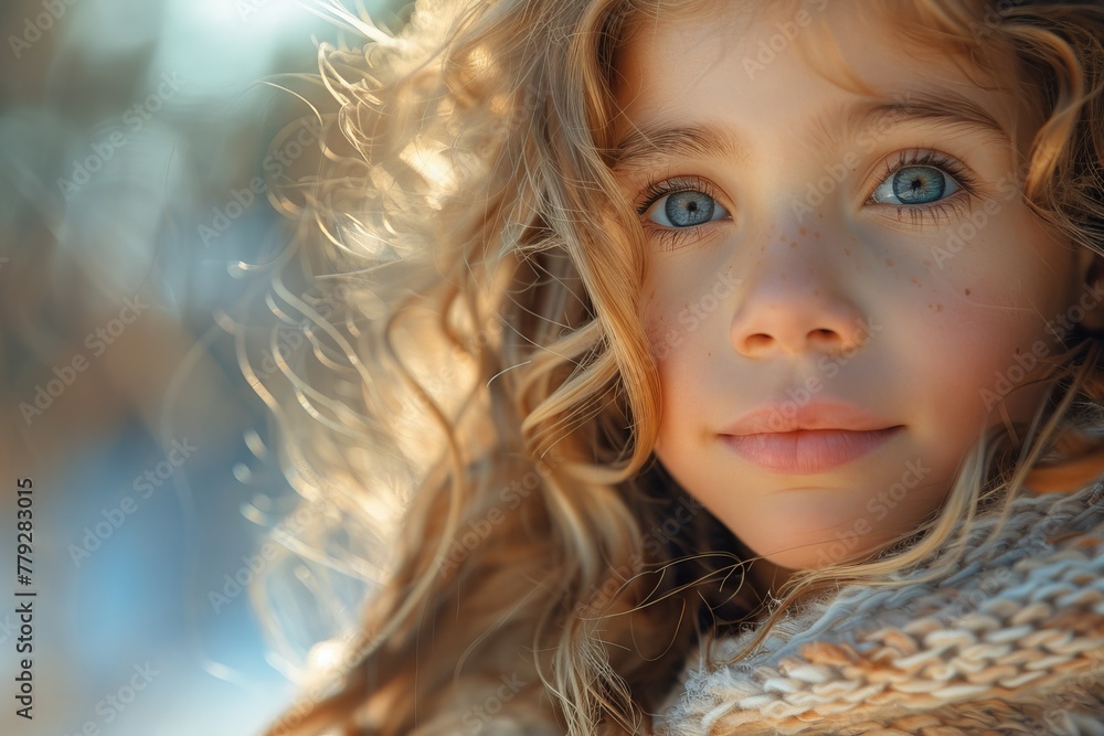 Sun-drenched portrait of a young girl with captivating blue eyes and wavy hair Sun-drenched portrait of a young girl with captivating blue eyes and wavy hair