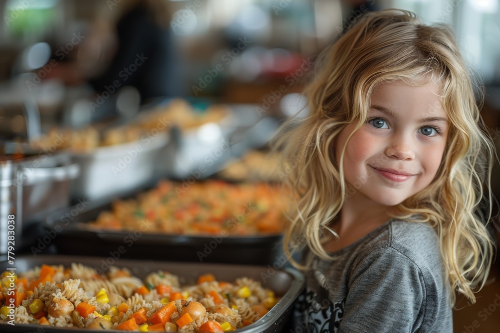 A cheerful young girl poses in front of a banquet table filled with dishes