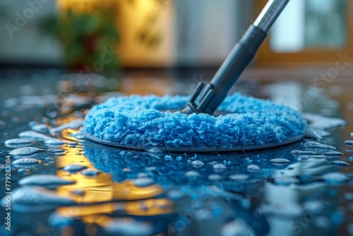 A modern mop-head cleaning a blue floor with visible water droplets, denoting house maintenance