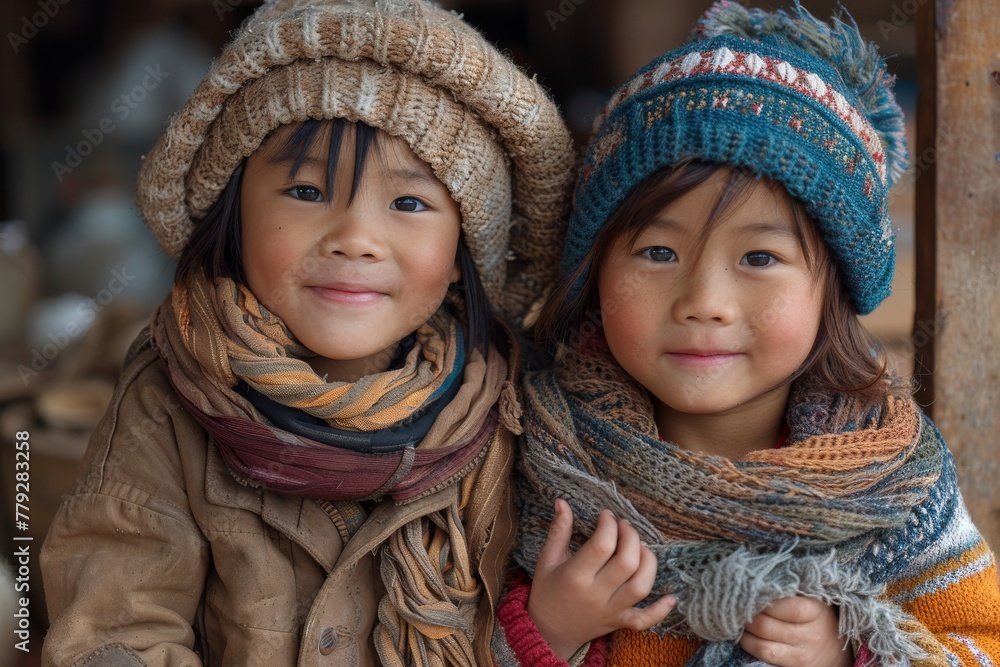 Portrait of two children with friendly smiles wearing woolen hats and scarves Portrait of two children with friendly smiles wearing woolen hats and scarves