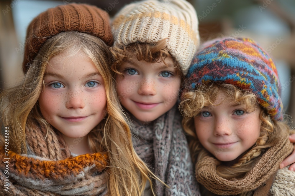 Three children with curly hair in knitted hats sharing a cheerful moment Three children with curly hair in knitted hats sharing a cheerful moment