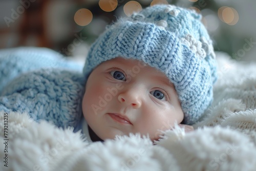 An endearing infant wearing a blue hat looks up, lying in soft, light bedding photo