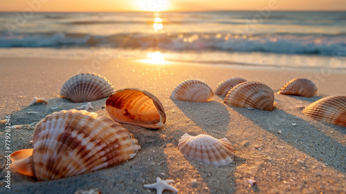 Sun-kissed seashells scattered on a sandy beach at sunset.