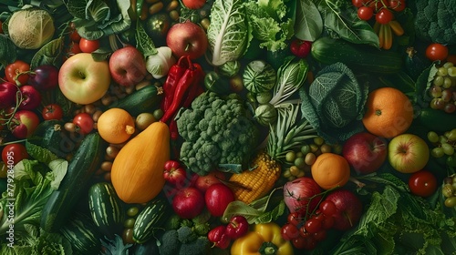 Diverse Assortment of Fresh Fruits and Vegetables Promoting a Sustainable Plant-Based Diet