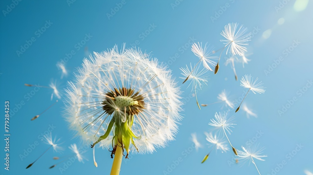 A proud dandelion fluffs up its seeds in the wind,showcasing its flexibility and resilience in nature's cycle of growth and renewal