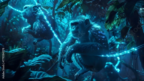 Monkeys Swinging Among Glowing Vines in the Lush Bioluminescent Jungle