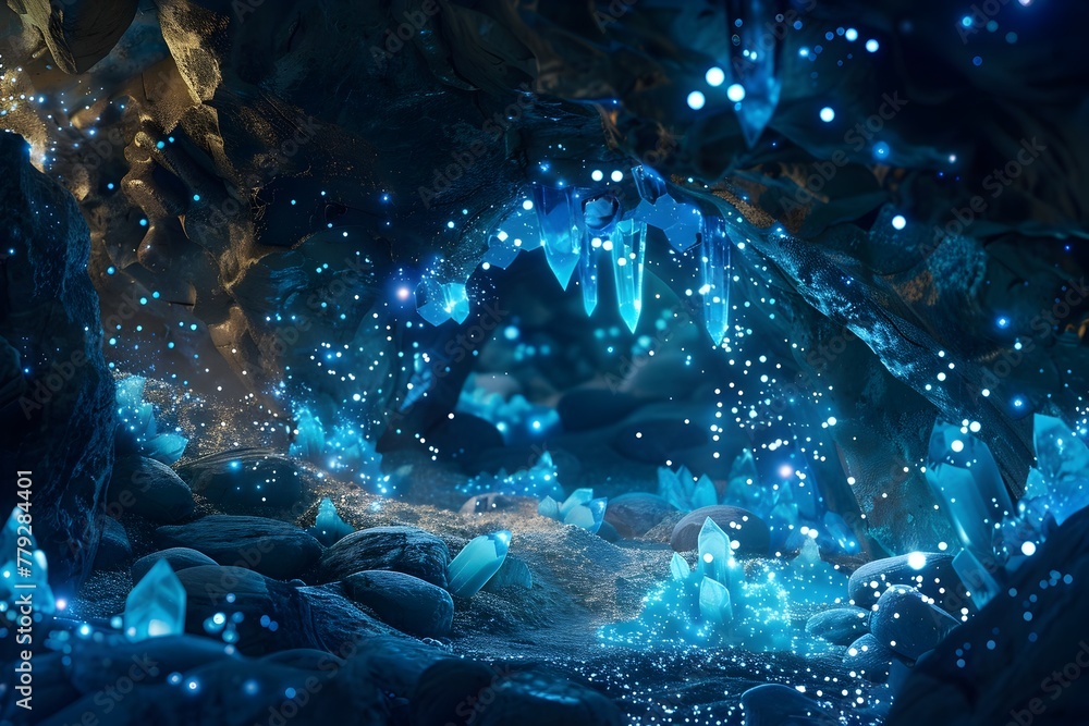 Glowing Grotto of Mystical Fireflies:Bioluminescent Wonders Illuminating Shimmering Crystal Cavern