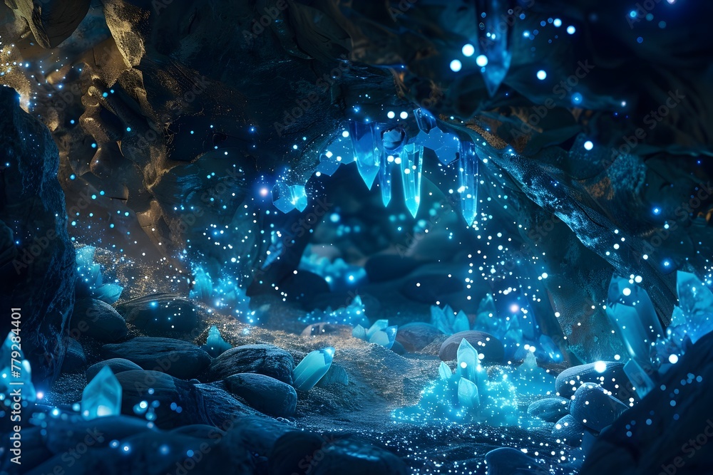 Glowing Grotto of Mystical Fireflies:Bioluminescent Wonders Illuminating Shimmering Crystal Cavern Glowing Grotto of Mystical Fireflies:Bioluminescent Wonders Illuminating Shimmering Crystal Cavern