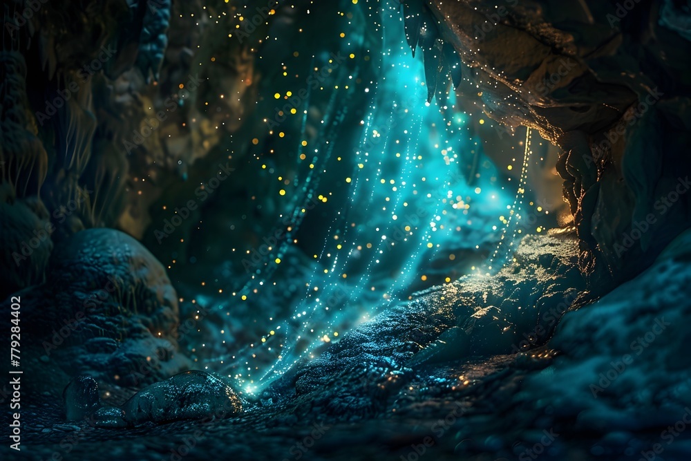 Mesmerizing Glowing Grotto:Bioluminescent Fireflies Illuminate Shimmering Crystals and Hidden Wonders in a Magical Cavern
