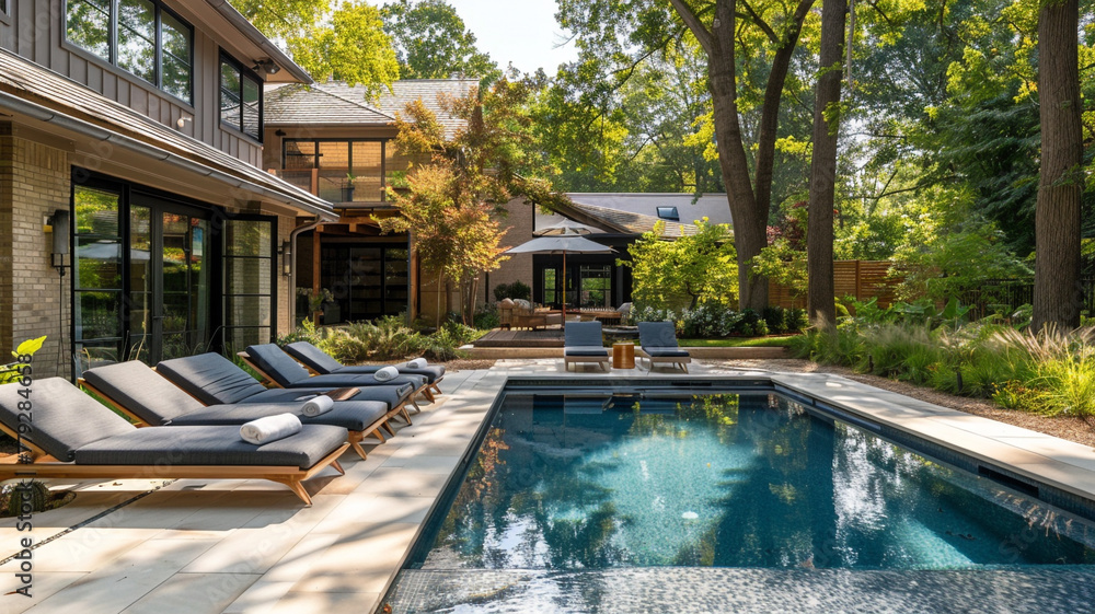 A tranquil backyard oasis with a swimming pool and lounge chairs.