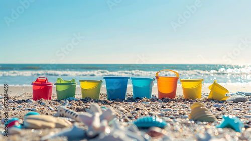 A colorful row of beach toys and buckets on a sandy shore. photo