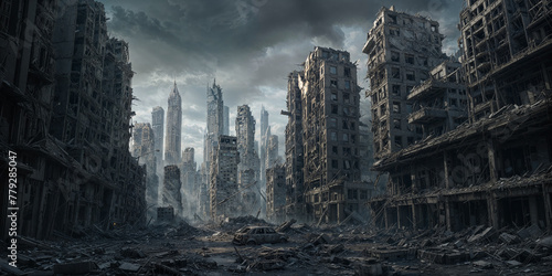 Post apocalyptic city in total ruin, destroyed and damaged buildings with debris on the streets, abandoned and derelict grim future dystopia.	
 photo