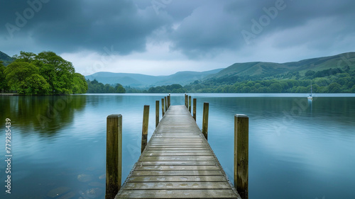 A tranquil lakeside pier stretching into calm waters, inviting a leisurely stroll.