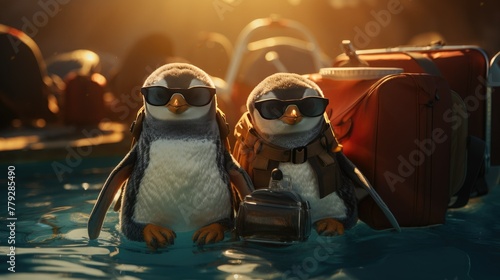 two penguins with a suitcase on the background of the sea. The concept of travel, leisure and vacation