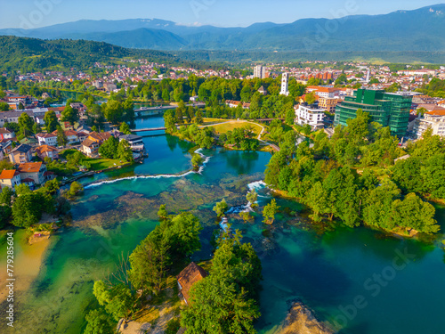 Panorama of rapids on river una in Bosnian town Bihac