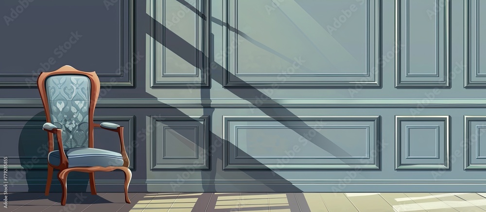 A wooden chair is placed in front of a wall in a room with hardwood flooring, inside a building with stairs and a window overlooking the facade A wooden chair is placed in front of a wall in a room with hardwood flooring, inside a building with stairs and a window overlooking the facade