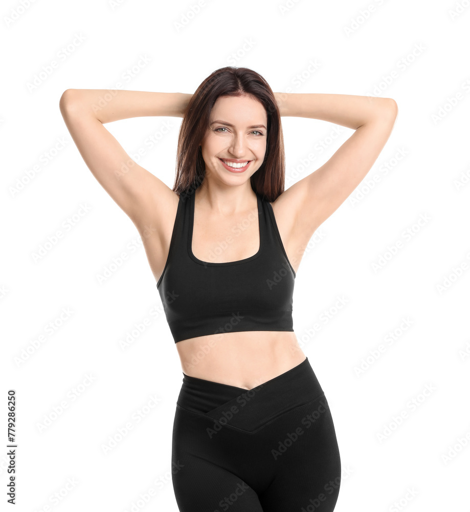 Happy young woman with slim body posing on white background Happy young woman with slim body posing on white background